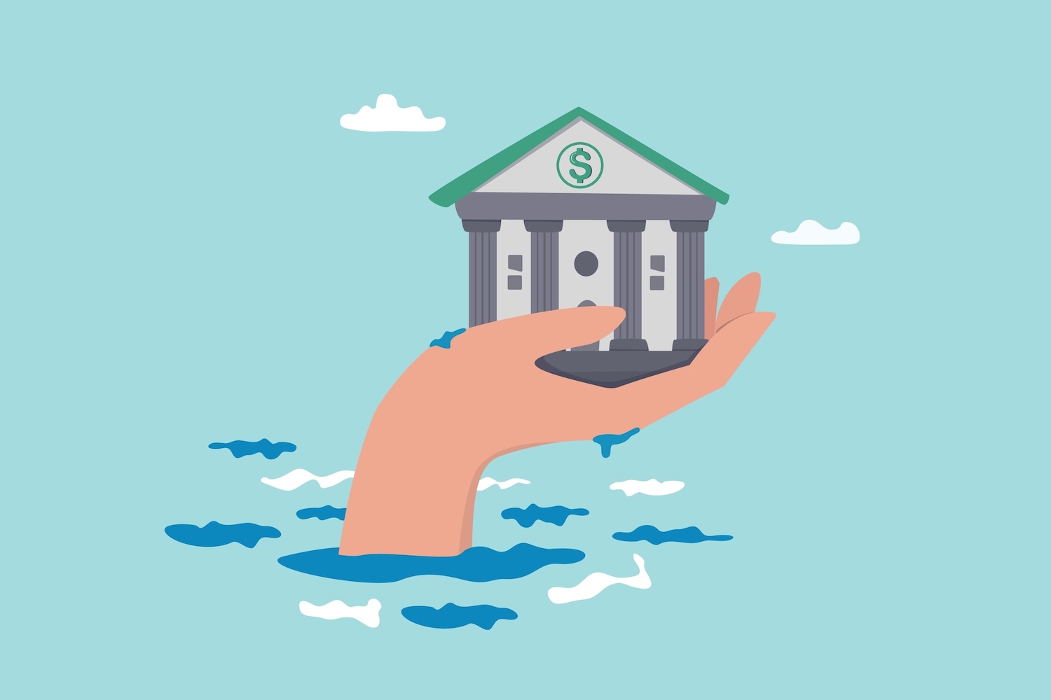 Une grande main émerge de l’eau, tenant un bâtiment bancaire avec un signe dollar dessus, symbolisant un soutien financier ou un plan de sauvetage.